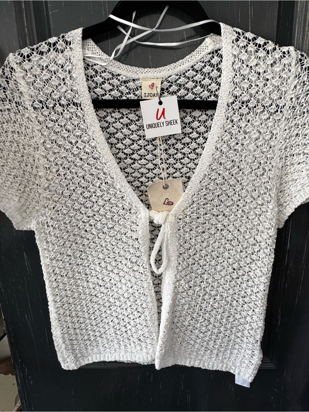 Uniquely Sheek White Open-Knit Short Sleeve Tie-Front Cardigan